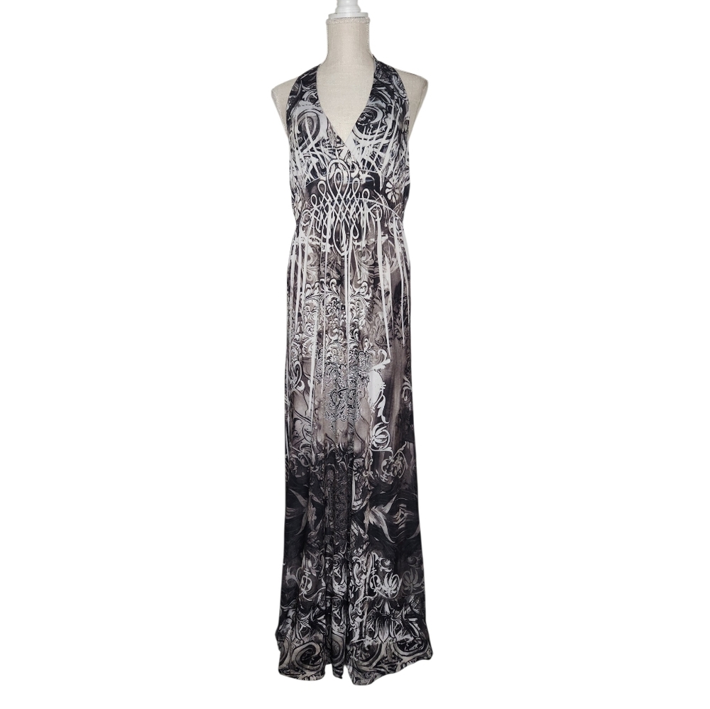 Abstract Swirl Y2K Black Gray Rhinestone Halter Maxi Dress
